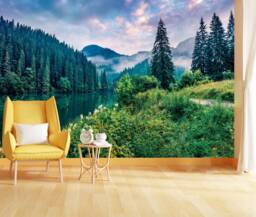 Lacu Rosu Lake Wall Mural, Misty Sunrise, Peel & Stick Wallpaper - thumbnail 1