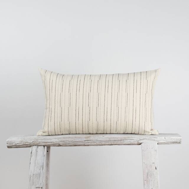 striped Cotton Lumbar Pillow, Beige Farmhouse Cushion, Bamboo Fabric - image 1