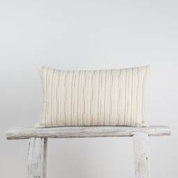 striped Cotton Lumbar Pillow, Beige Farmhouse Cushion, Bamboo Fabric