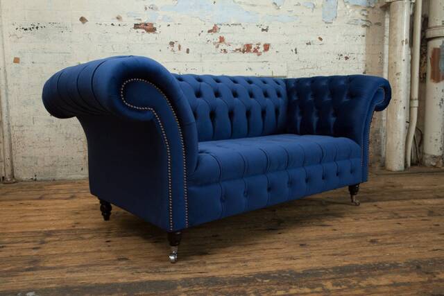 British Handmade Navy Blue Velvet 2 Seater Chesterfield Sofa - image 1