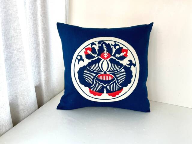 Blue Camellia Flower Decor Pillow Cover, Navy Blue Tsubaki Cotton Case, Japanese Sofa Bedding Throw Case - image 1