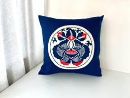 Blue Camellia Flower Decor Pillow Cover, Navy Blue Tsubaki Cotton Case, Japanese Sofa Bedding Throw Case - thumbnail 1