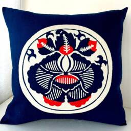 Blue Camellia Flower Decor Pillow Cover, Navy Blue Tsubaki Cotton Case, Japanese Sofa Bedding Throw Case - thumbnail 2