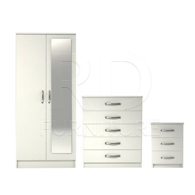 Bedroom Set, White Set, Wardrobe, Mirrored Chest Of Drawers & Bedside Table. Ready Assembled - image 1