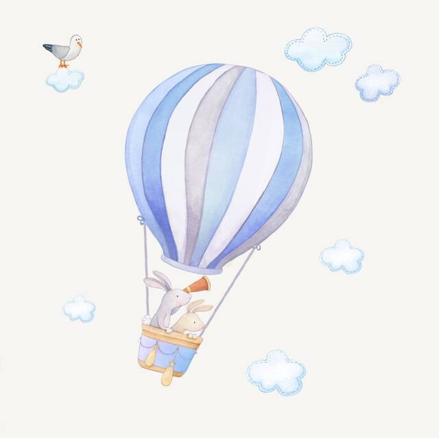 Fabric Wall Decal, Bunny Hot Air Balloon, Toddler Watercolour Room Decor, Animal Stickers - image 1
