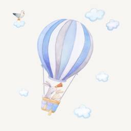 Fabric Wall Decal, Bunny Hot Air Balloon, Toddler Watercolour Room Decor, Animal Stickers - thumbnail 1