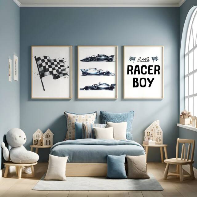 Race Car Poster Prints - Set Of 3 Posters - Little Racer Dude Nursery Racing Playroom Wall Art Boys Bedroom Decor Kids Cars Gifts - image 1
