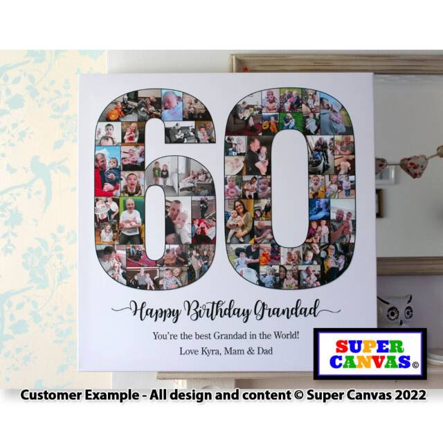 60Th Birthday 60 Shape Picture Photo Collage Board Framed Canvas Print Friend Mum Dad Grandad Grandma Sister Brother Gift - image 1