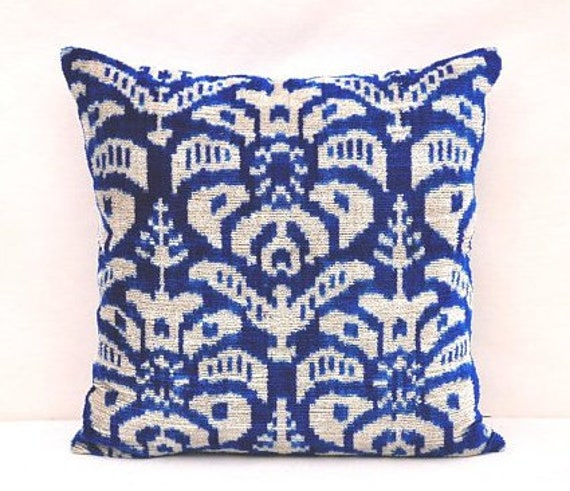 Dark Blue Silk Velvet Ikat Pillow Cover, Handmade Accent Cushion - image 1
