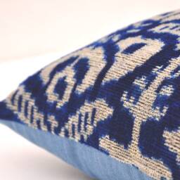 Dark Blue Silk Velvet Ikat Pillow Cover, Handmade Accent Cushion - thumbnail 3