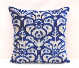 Dark Blue Silk Velvet Ikat Pillow Cover, Handmade Accent Cushion - thumbnail 1