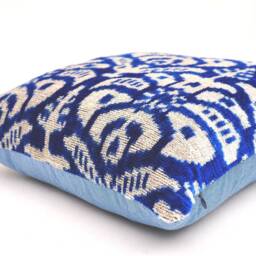 Dark Blue Silk Velvet Ikat Pillow Cover, Handmade Accent Cushion - thumbnail 2