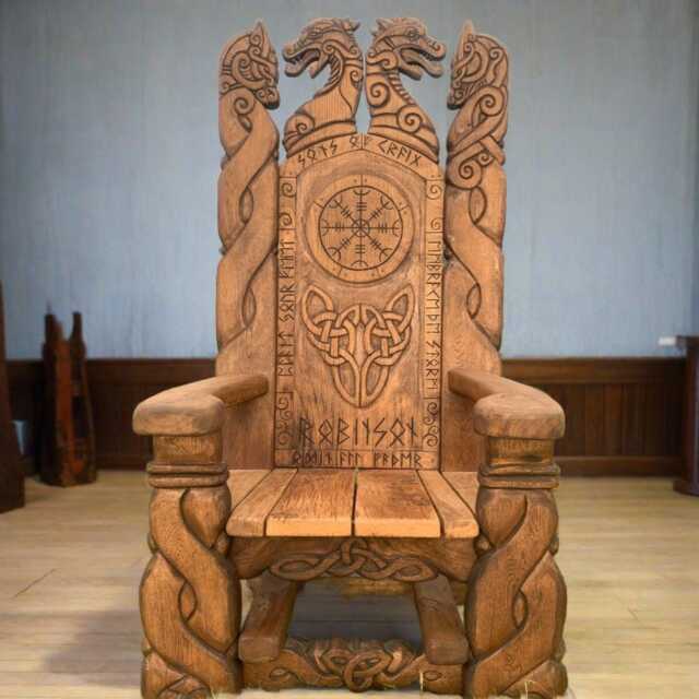 Handcrafted Viking Chair With Celtic Knotwork & Welsh Dragon Eisteddfod