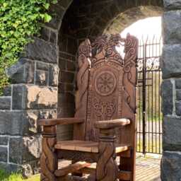 Viking Chair - Celtic Knotwork & Welsh Dragon Hand-Carved Solid Oak Storytelling Bespoke Handmade Wales UK - thumbnail 4