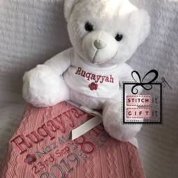 Personalised Baby Gift Set Cable Knitted Pink Blue Car Flower Nursery Blanket & White Teddy -Name Embroidered Pom Pom/Sherpa Reverse - thumbnail 2