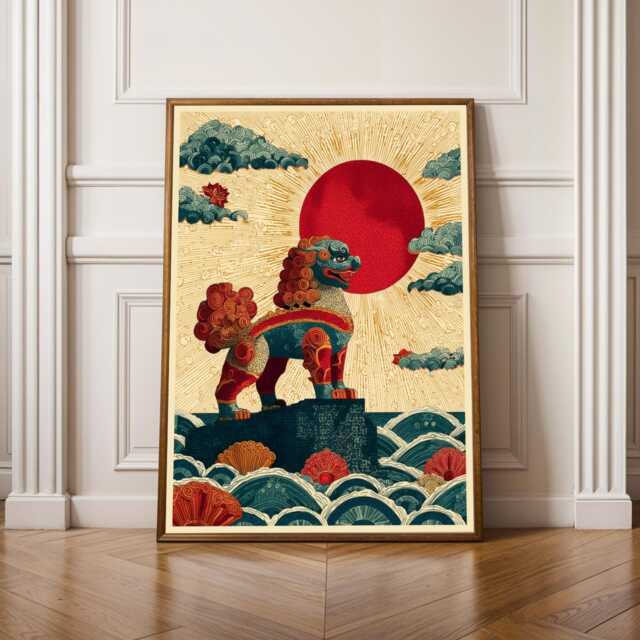 Mythical Guardian Lion, Okinawa Poster, Japanese Wall Art, Art Print, Red & Teal Decor, Living Room Gift For Coworker - image 1