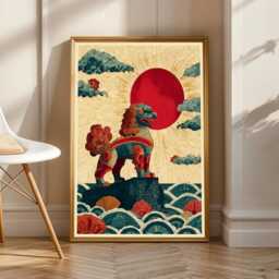 Mythical Guardian Lion, Okinawa Poster, Japanese Wall Art, Art Print, Red & Teal Decor, Living Room Gift For Coworker - thumbnail 2