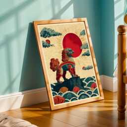 Mythical Guardian Lion, Okinawa Poster, Japanese Wall Art, Art Print, Red & Teal Decor, Living Room Gift For Coworker - thumbnail 3