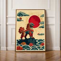 Mythical Guardian Lion, Okinawa Poster, Japanese Wall Art, Art Print, Red & Teal Decor, Living Room Gift For Coworker - thumbnail 1