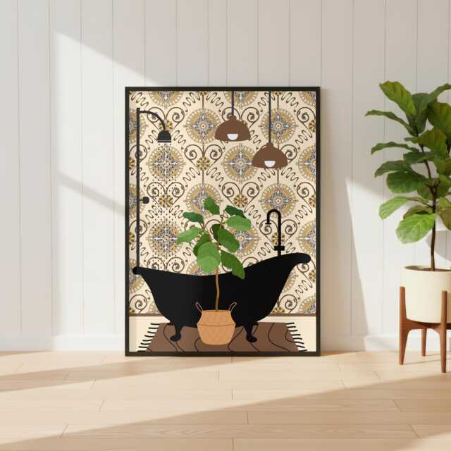 Botanical Bath Print. Beige Maximalist Bathroom Poster. Colourful Toilet Home Decor - image 1