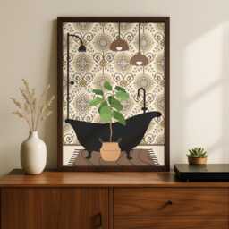 Botanical Bath Print. Beige Maximalist Bathroom Poster. Colourful Toilet Home Decor - thumbnail 3