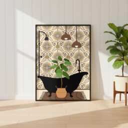 Botanical Bath Print. Beige Maximalist Bathroom Poster. Colourful Toilet Home Decor - thumbnail 1