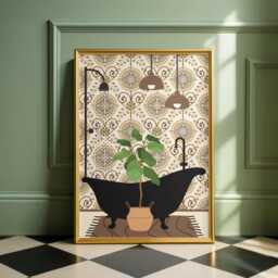 Botanical Bath Print. Beige Maximalist Bathroom Poster. Colourful Toilet Home Decor - thumbnail 2