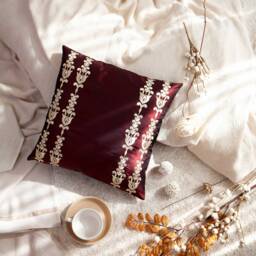 Burgundy Pillow, Decorative Boutique Throw Pillow Covers, Cushion Cover, Boho Accent Pillows, 100% Silk Pillow, Floral Embroidered - thumbnail 2