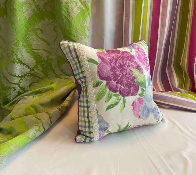 "Floral Linen Pillow Cover Lilac Purple & Green, Jane Hall Design - 18""x 18" - image 1