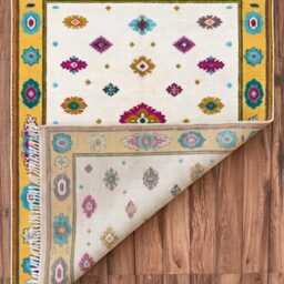 Hand Knotted Wool Rug, Bohemian Oushak Style, Cream Geometric Floral Motif, 9x12 Area Rug - thumbnail 2