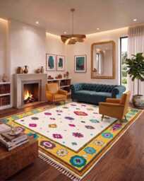 Hand Knotted Wool Rug, Bohemian Oushak Style, Cream Geometric Floral Motif, 9x12 Area Rug - thumbnail 1