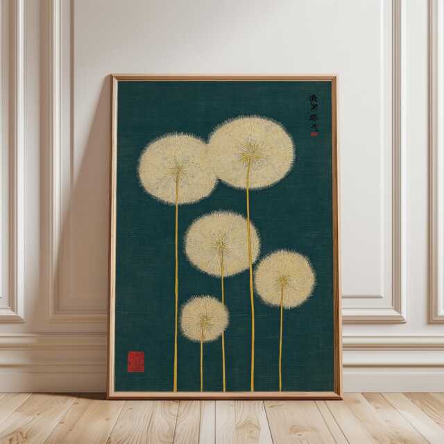 Green Dandelion Poster - Japanese Botanical Illustration Minimal Floral Wall Art - image 1
