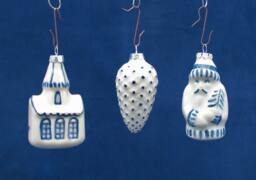 Set Of Three Handmade White Ceramic With Delft Blue Painted Christmas Tree Decorations -Trio