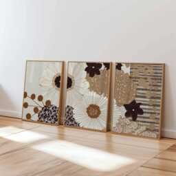 Neutral Abstract Floral Wall Art Set Of 3, Modern Botanical Prints in Beige & Black, Minimal Flower Posters For Contemporary Home Decor - thumbnail 1
