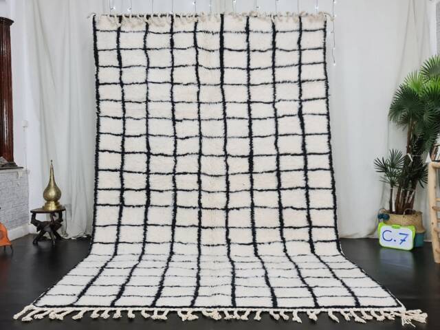 Grid Moroccan Rug, Beniourain Handmade Rug, White Wool Berber Green Cream Area Pattern Winter Home Blue Rug - image 1