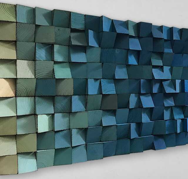 Reclaimed Wood Mosaic Wall Art - Blue Ombre Sculpture - image 1