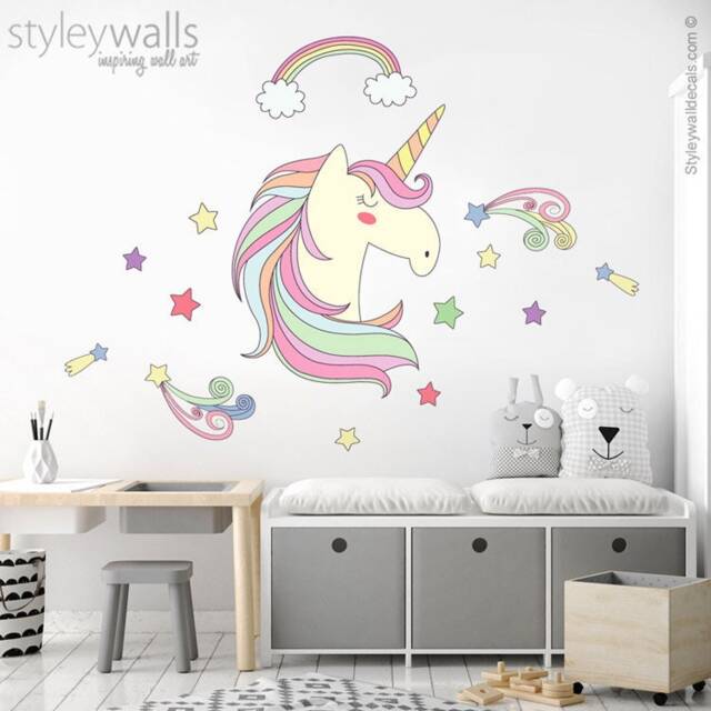 Unicorn Wall Decal, Rainbow Stars Sticker, Girls Nursery Decor, Magical Decor - image 1