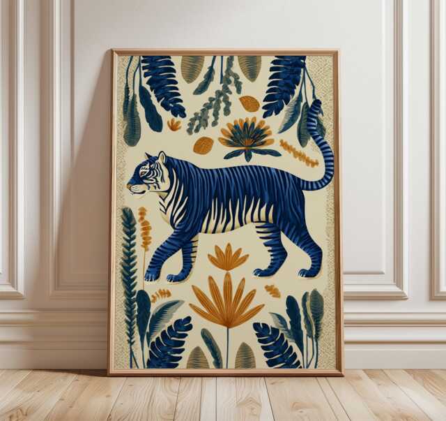 Japanese Tiger Poster, Modern Wall Art, Bold Blue & Gold, Floral Asian Style Print - image 1