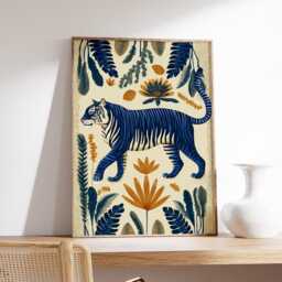 Japanese Tiger Poster, Modern Wall Art, Bold Blue & Gold, Floral Asian Style Print - thumbnail 2