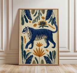 Japanese Tiger Poster, Modern Wall Art, Bold Blue & Gold, Floral Asian Style Print - thumbnail 1