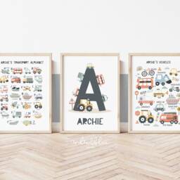 Personalised Set Of 3 Transport Posters Unframed, Vehicle Alphabet Print, Cars Chart Boy Bedroom Decor, Playroom Prints - thumbnail 2