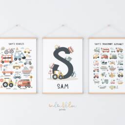 Personalised Set Of 3 Transport Posters Unframed, Vehicle Alphabet Print, Cars Chart Boy Bedroom Decor, Playroom Prints - thumbnail 3