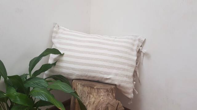striped Beige & White Pillowcase - Envelope Closure Natural Organic Softened Linen Various Sizes Customized - image 1