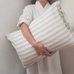 striped Beige & White Pillowcase - Envelope Closure Natural Organic Softened Linen Various Sizes Customized - thumbnail 4