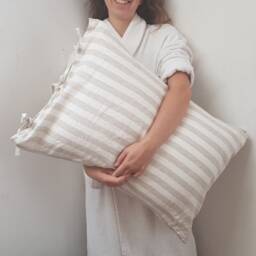 striped Beige & White Pillowcase - Envelope Closure Natural Organic Softened Linen Various Sizes Customized - thumbnail 2