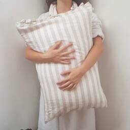 striped Beige & White Pillowcase - Envelope Closure Natural Organic Softened Linen Various Sizes Customized - thumbnail 3