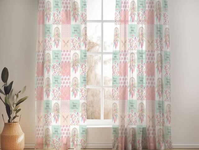 Pink Dream Catcher Nursery Curtains Handmade Cotton Window Covering - image 1