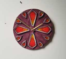 Unusual Hand Made Circular Purple Glazed Stoneware Ceramic & Glass Wall Clock 25 cm Diameter 10