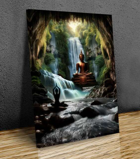 Buddha Sculpture Yoga Figure Waterfall Canvas Prints Wall Hangings , Home Decor, Mounted Canvas Print Ready To Hang - image 1