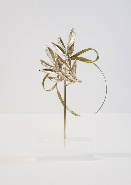 Gold Plated Bronze Olive Branch On Perspex Stand, Greek Art - image 1